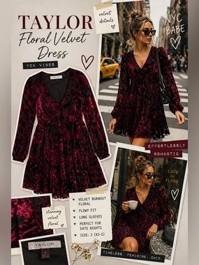 Taylor Black & Red Floral Velvet Burnout Dress Size 2